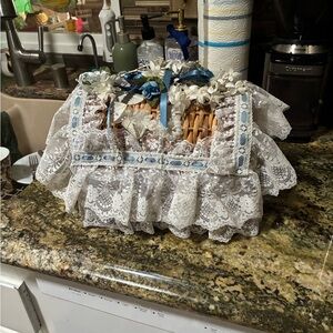 Wicker Basket with White Lace & Blue Ribbon Accent top closure 9 x 9”